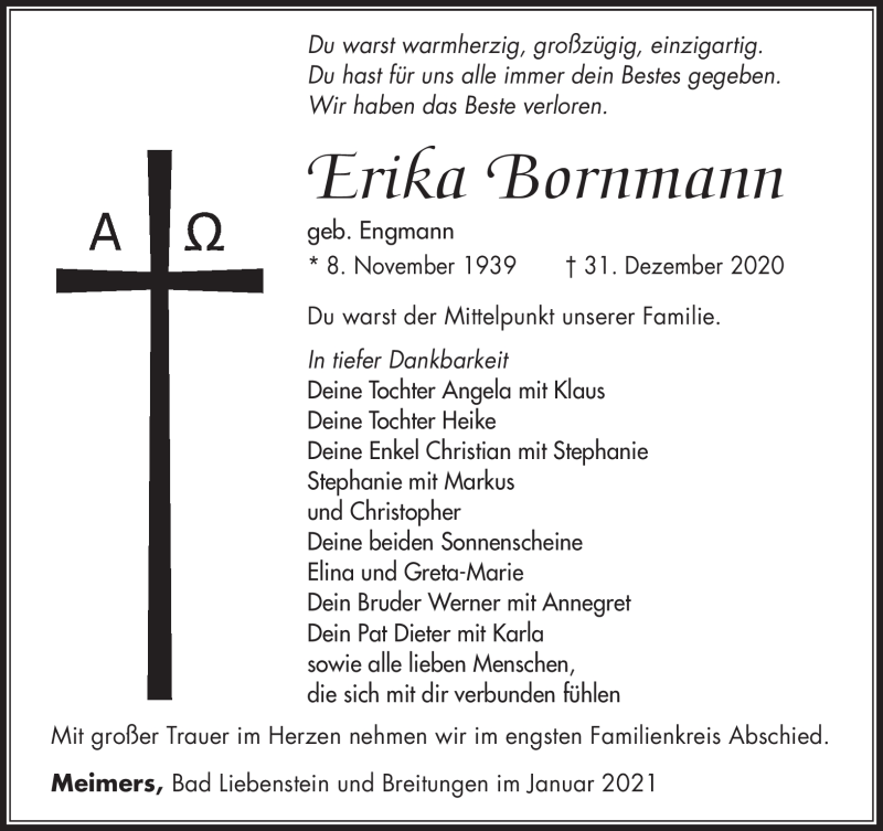  Traueranzeige für Erika Bornmann vom 06.01.2021 aus Südthüringer Presse