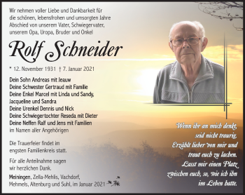 Traueranzeige von Rolf Schneider von Südthüringer Presse