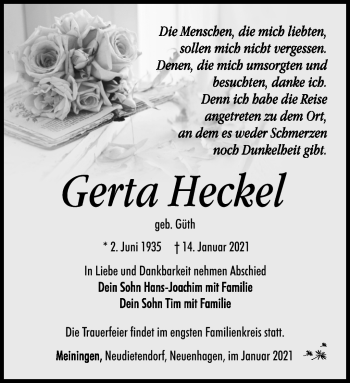 Traueranzeige von Gerta Heckel von Südthüringer Presse