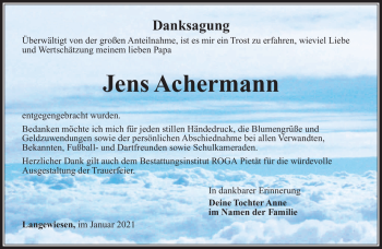 Traueranzeige von Jens Achermann von Südthüringer Presse