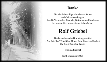 Traueranzeige von Rolf Griebel von Südthüringer Presse