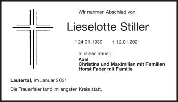 Traueranzeige von Lieselotte Stiller von Neue Presse Coburg