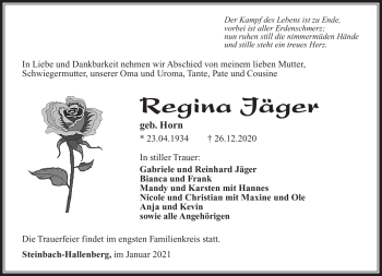 Traueranzeige von Regina Jäger von Südthüringer Presse