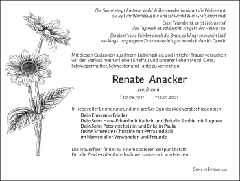 Traueranzeige von Renate Anacker von Südthüringer Presse