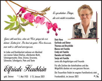 Traueranzeige von Elfreide Heublein von Südthüringer Presse