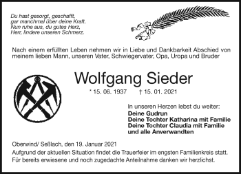 Traueranzeige von Wolfgang Sieder von Südthüringer Presse