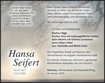 Traueranzeige von Hansa Seifert von Südthüringer Presse