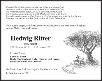 Traueranzeige von Hedwig Ritter von Südthüringer Presse