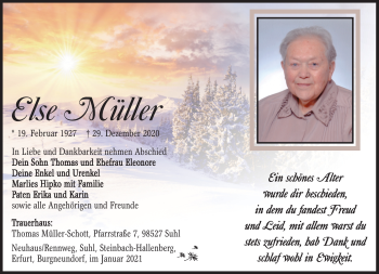 Traueranzeige von Else Müller von Südthüringer Presse