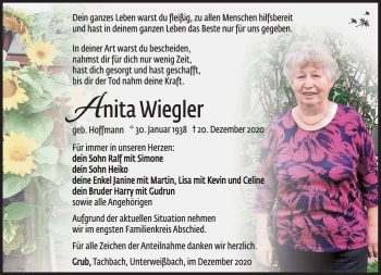 Traueranzeige von Anita Wiegler von Südthüringer Presse