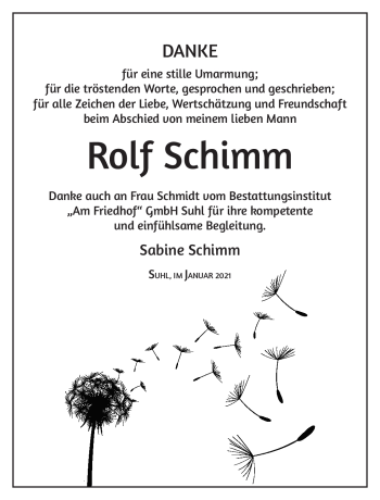 Traueranzeige von Rolf Schimm von Südthüringer Presse