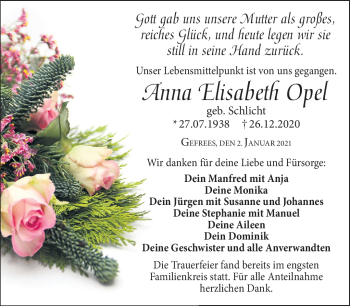 Traueranzeige von Anna Elisabeth Opel von Frankenpost