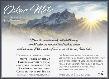 Traueranzeige von Oskar Metz von Südthüringer Presse