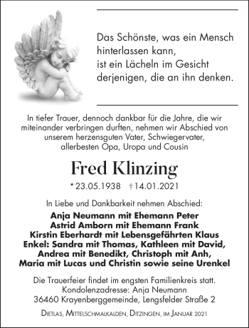 Traueranzeige von Fred Klinzing von Südthüringer Presse