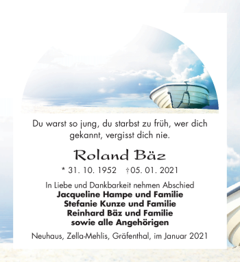 Traueranzeige von Ronland Bäz von Südthüringer Presse