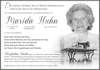 Traueranzeige von Marida Huhn von Südthüringer Presse
