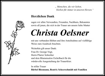 Traueranzeige von Christa Oelsner von Südthüringer Presse