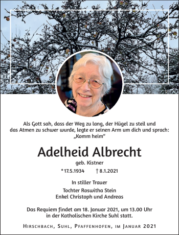 Traueranzeige von Adelheid Albrecht von Südthüringer Presse