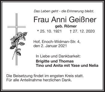 Traueranzeige von Anni Geißner von Frankenpost