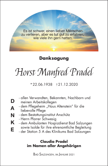 Traueranzeige von Horst Manfred Pradel von Südthüringer Presse