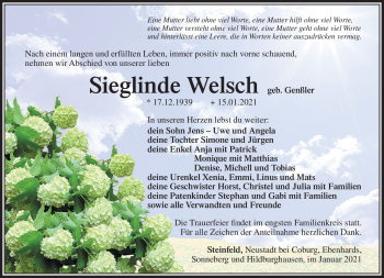 Traueranzeige von Sieglinde Welsch von Südthüringer Presse