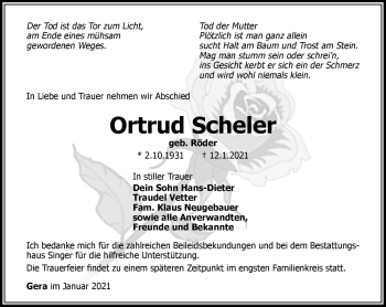 Traueranzeige von Ortrud Scheler von Südthüringer Presse