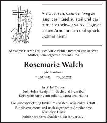 Traueranzeige von Rosemarie Walch von Südthüringer Presse