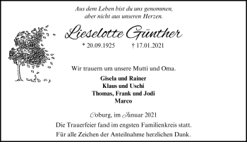 Traueranzeige von Lieselotte Günther von Neue Presse Coburg