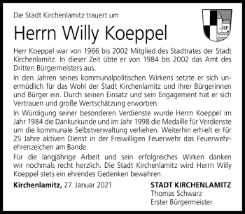 Traueranzeige von Willy Koeppel von Frankenpost
