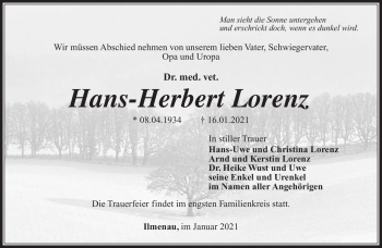 Traueranzeige von Hans-Herbert Lorenz von Südthüringer Presse