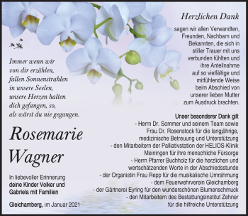 Traueranzeige von Rosemarie Wagner von Südthüringer Presse