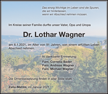 Traueranzeige von Dr. Lothar Wagner von Südthüringer Presse