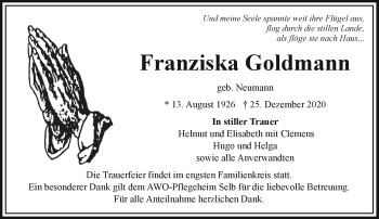 Traueranzeige von Franziska Goldmann von Frankenpost