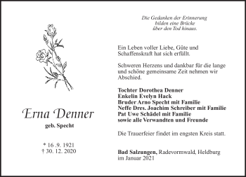 Traueranzeige von Erna Denner von Südthüringer Presse