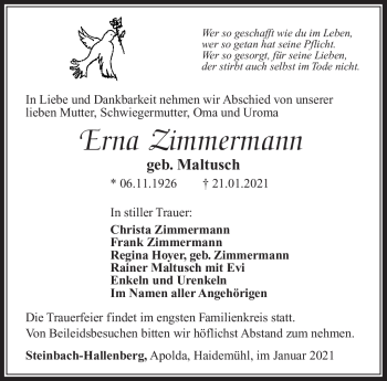 Traueranzeige von Erna Zimmermann von Südthüringer Presse