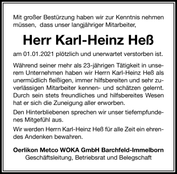 Traueranzeige von Karlo-Heinz Hess von Südthüringer Presse