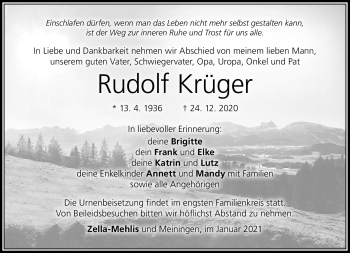 Traueranzeige von Rudolf Krüger von Südthüringer Presse