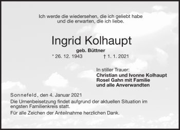 Traueranzeige von Ingrid Kolhaupt von Neue Presse Coburg
