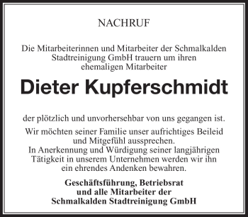 Traueranzeige von Dieter Kupferschmidt von Südthüringer Presse
