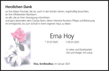 Traueranzeige von Erna Hoy von Neue Presse Coburg