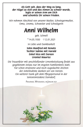 Traueranzeige von Anni Wilhelm von Südthüringer Presse