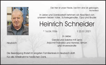 Traueranzeige von Heinrich Schneider von Neue Presse Coburg