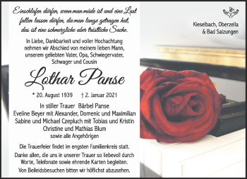 Traueranzeige von Lothar Panse von Südthüringer Presse