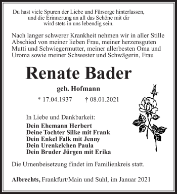 Traueranzeige von Renate Bader von Südthüringer Presse