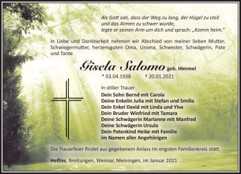 Traueranzeige von Gisela Salomo von Südthüringer Presse