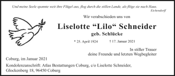 Traueranzeige von Liselotte Schneider von Neue Presse Coburg