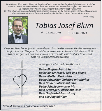 Traueranzeige von Tobias Blum von Südthüringer Presse