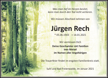 Traueranzeige von Jürgen Rech von Südthüringer Presse