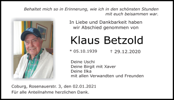 Traueranzeige von Klaus Betzold von Neue Presse Coburg