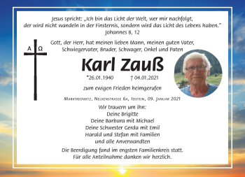 Traueranzeige von Karl Zauß von Neue Presse Coburg